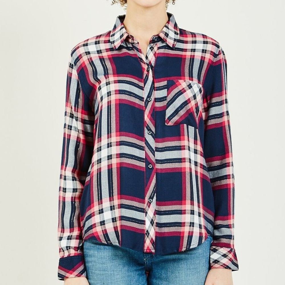 Rails Long Sleeve Button Down Shirt Medium Hunter Fuchsia Pink Navy Plaid